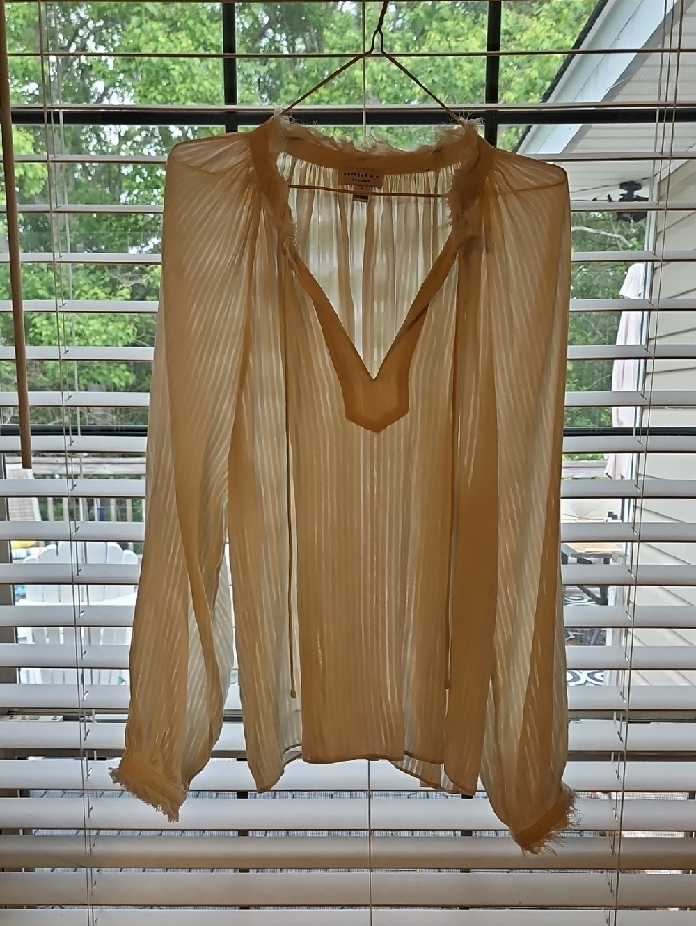 Current Air Sheer Cream Pleated Tie-Neck Blouse